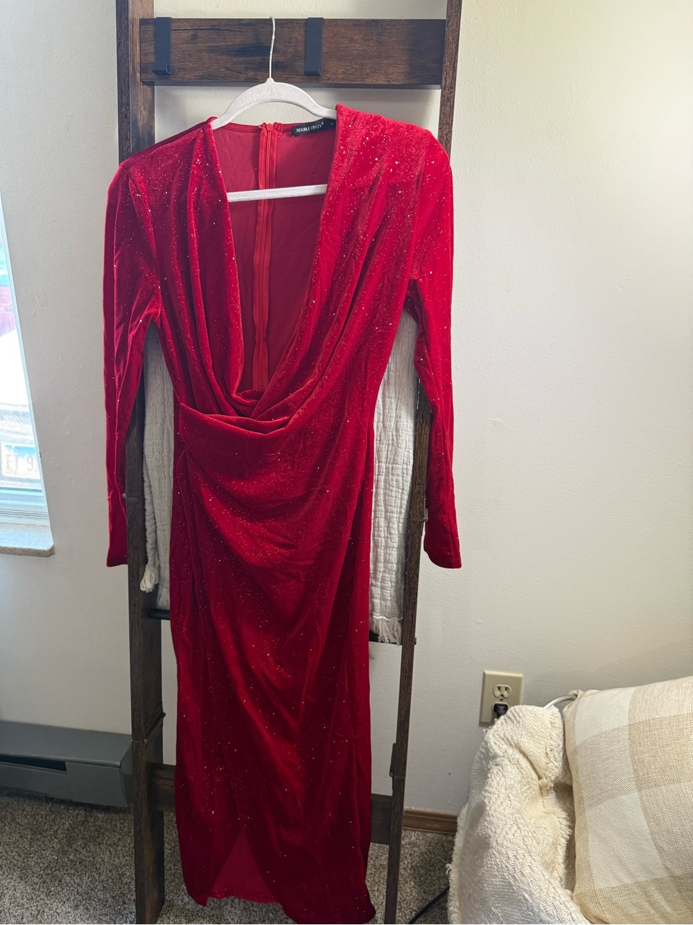 Red Sparkle Velvet Cowl-Neck Maxi Dress